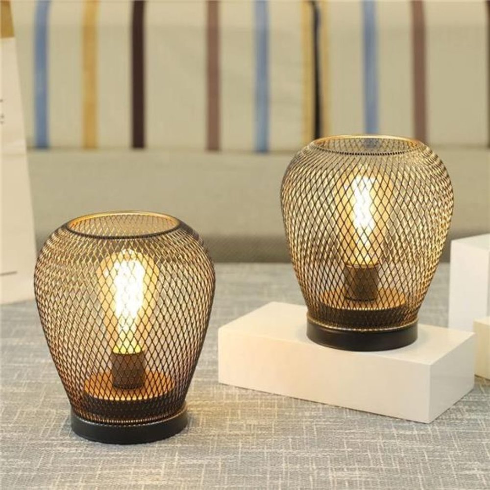 Set of 2 Metal Cage LED Lantern Battery Powered,Cordless Accent Light with LED